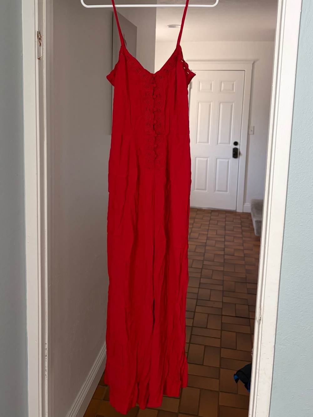 Free People Red Eyelet Embroidered Wide Leg Jumpsuit Size 4